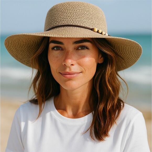 Boho Western Straw Sun Hat with Faux Leather Bow Wooden Beads Tassel Accents - Picture 1 of 9